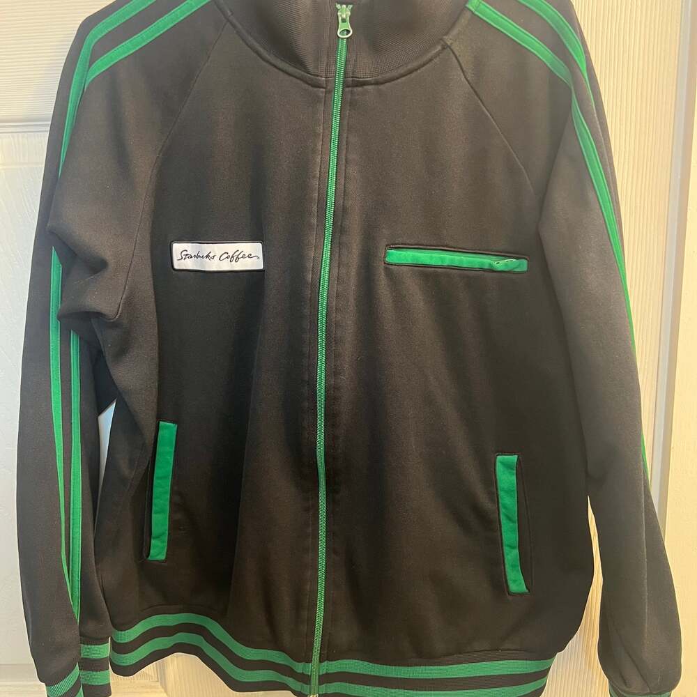 Starbucks Track Jacket Men Black w Green Stripes Size L Coffee Barista Full Zip